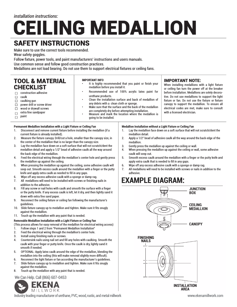 Page 1 of the manual Installation Guide Ekena Millwork Ceiling Medallion