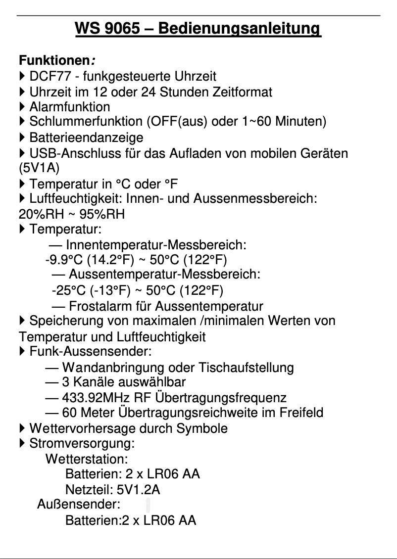 First page image of the manual for WS 9065