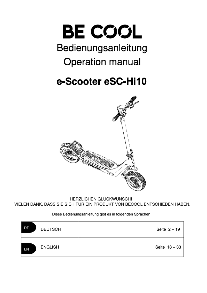 Page 1 of the manual User Manual Be Cool eSC-Hi10