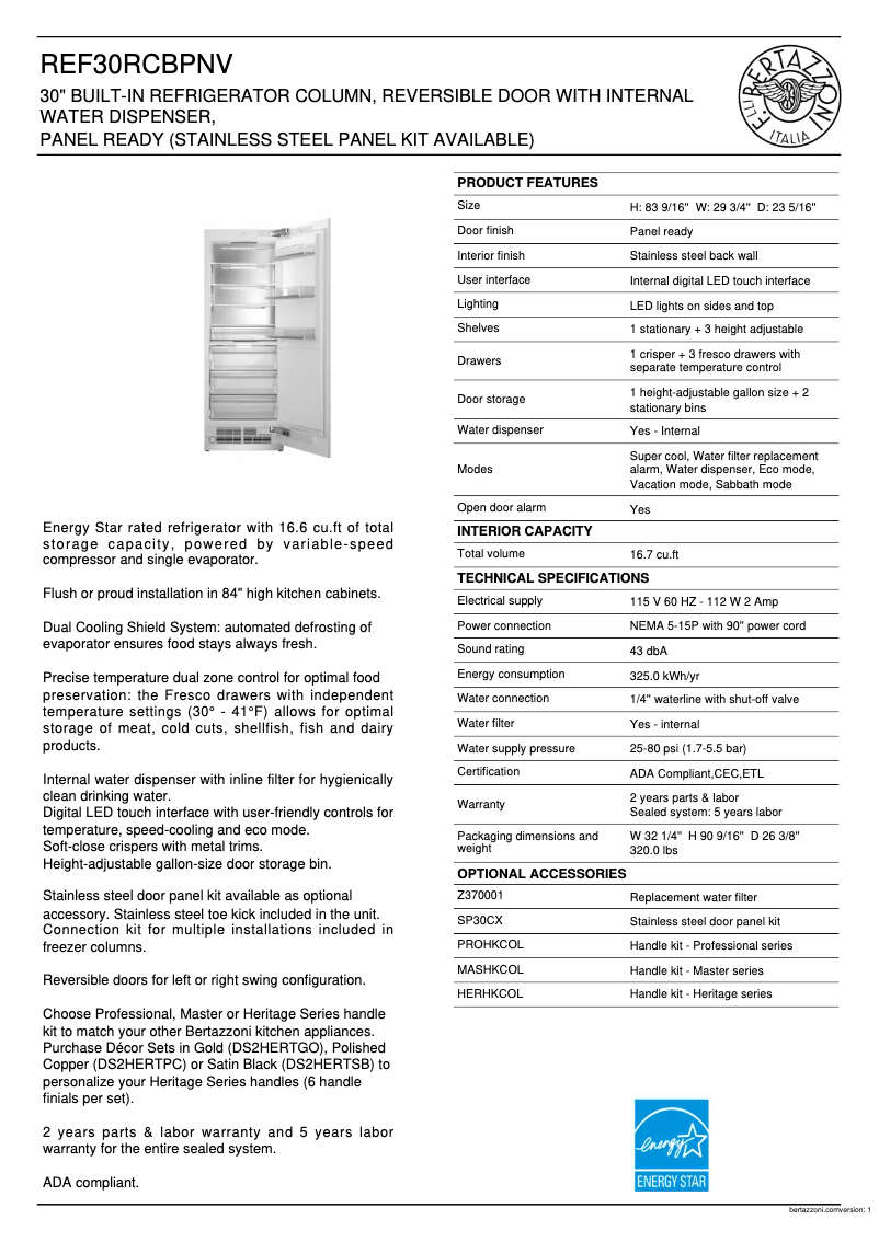 Page 1 of the manual Technical Sheet Bertazzoni REF30RCBPNV