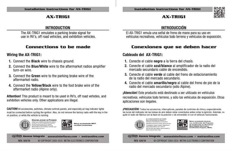 First page image of the manual for AX-TRIG1