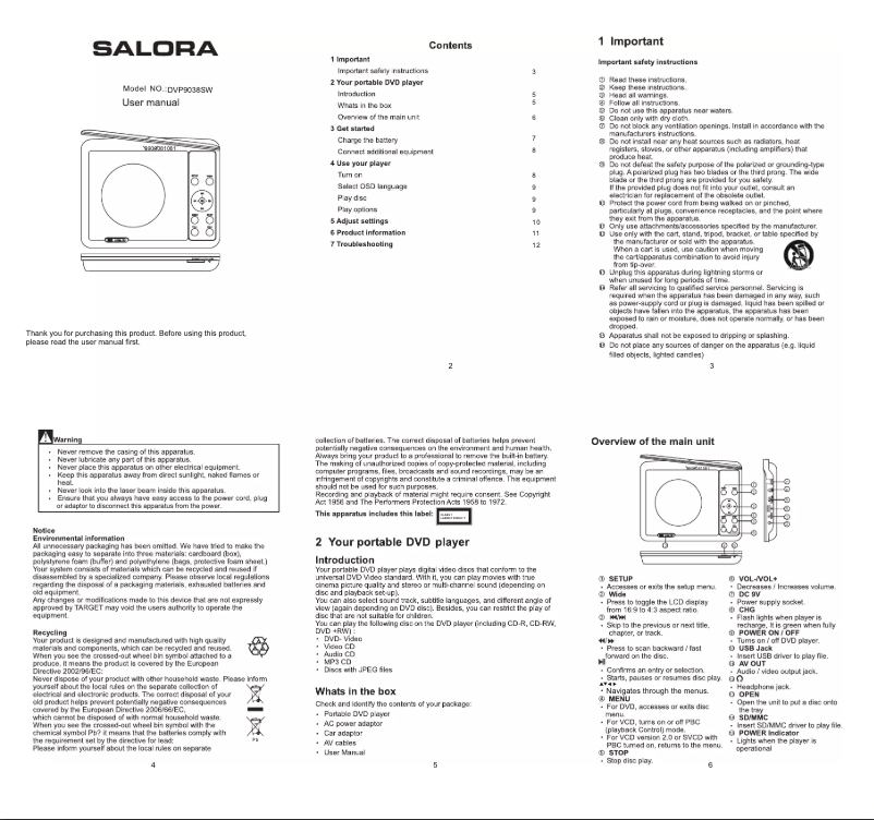 First page image of the manual for DVP9038SW