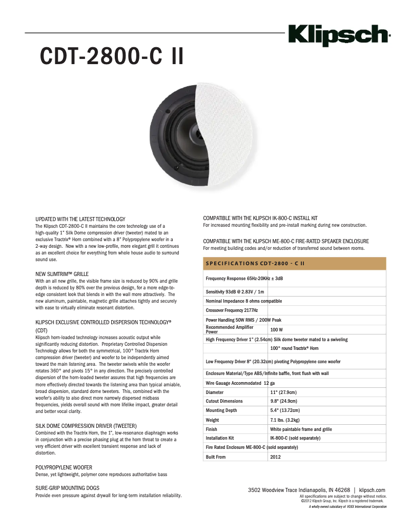 Page 1 of the manual Technical Sheet Klipsch CDT-2800-C II