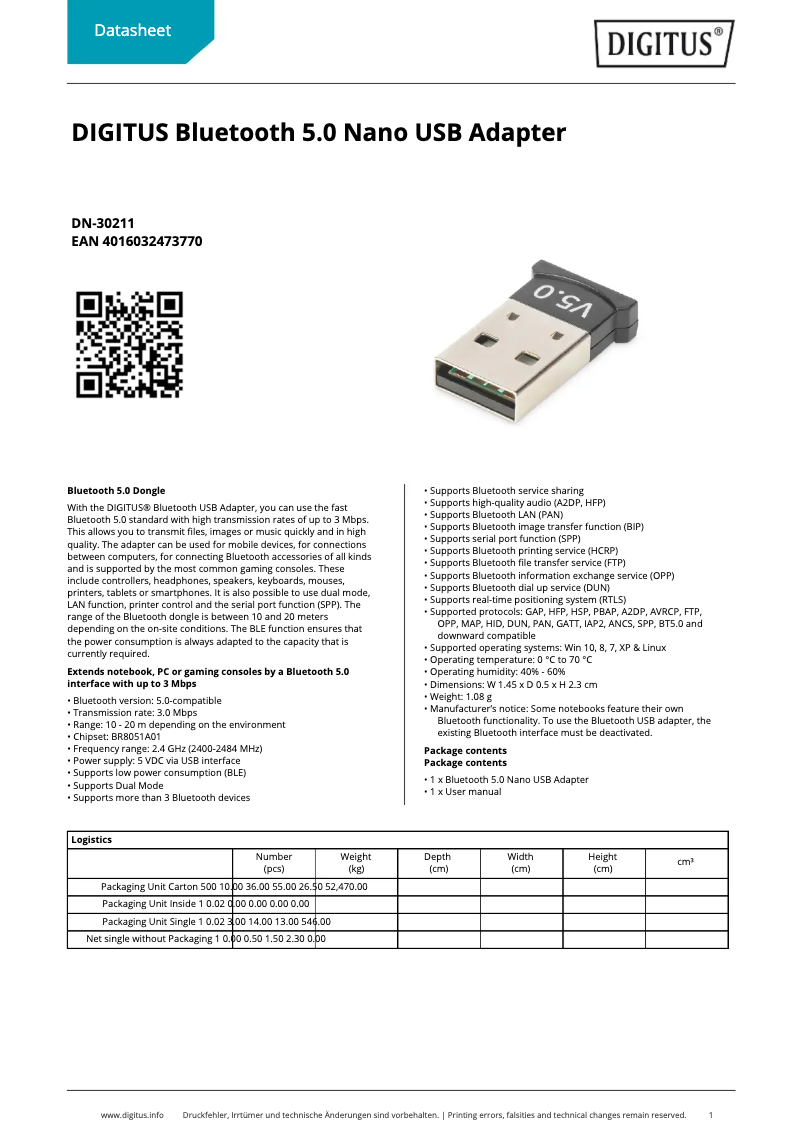 Page 1 of the manual Technical Sheet Digitus DN-30211