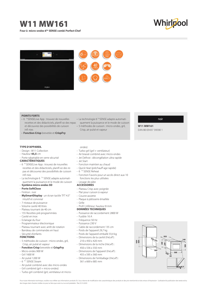 Page 1 of the manual Technical Sheet Whirlpool W11 MW161
