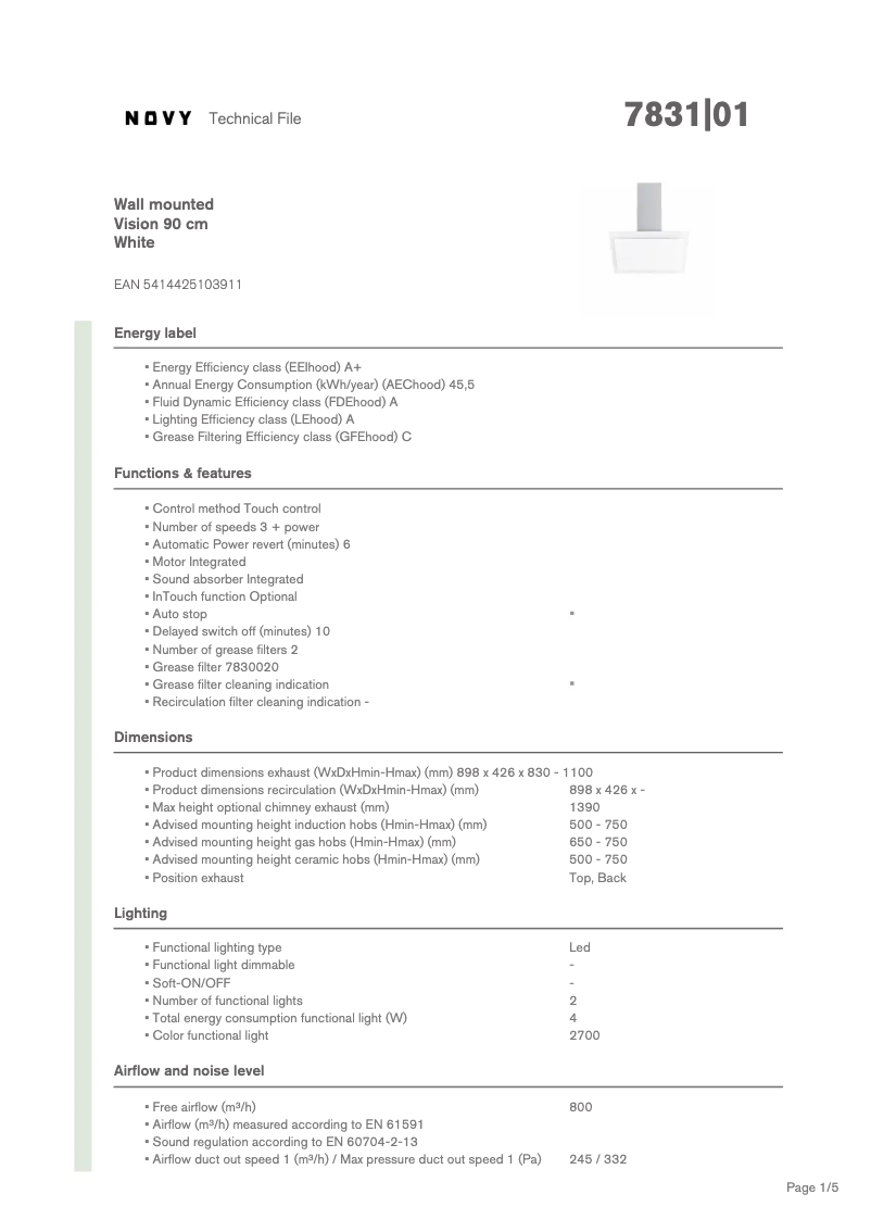 Page 1 of the manual Technical Sheet Novy Vision 7831
