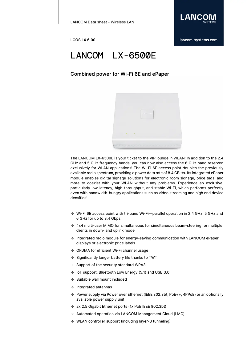 Page 1 of the manual Technical Sheet Lancom LX-6500E