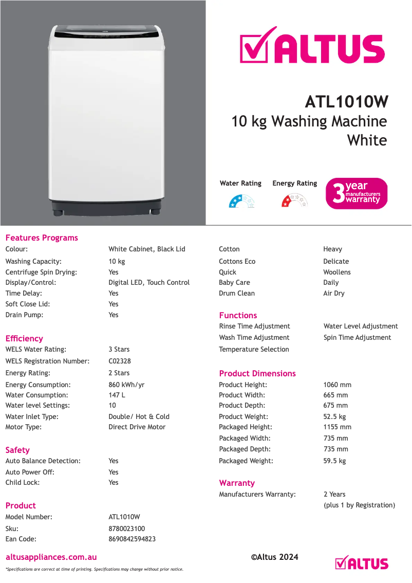 First page image of the manual for ATL1010W