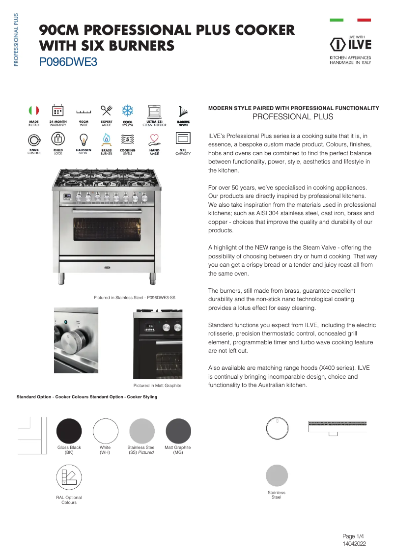 Page 1 of the manual Technical Sheet Ilve P096DWE3SS