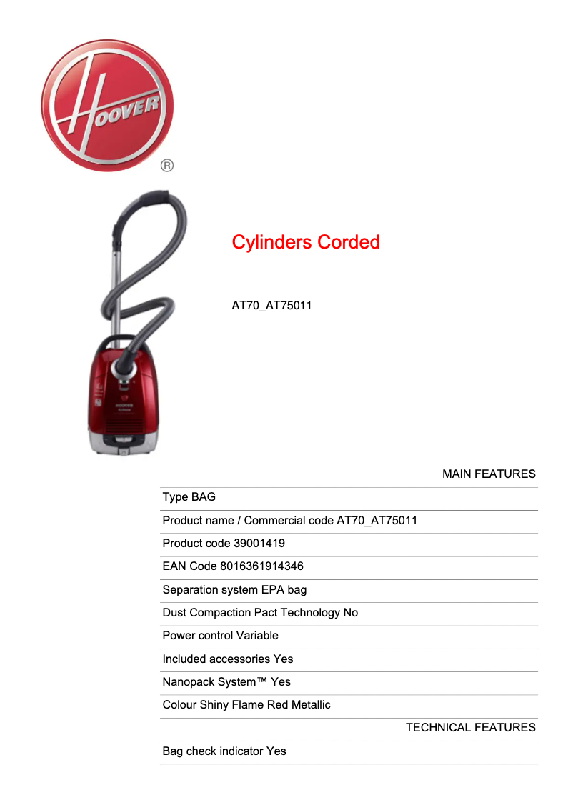Page 1 of the manual Technical Sheet Hoover AT70_AT75011