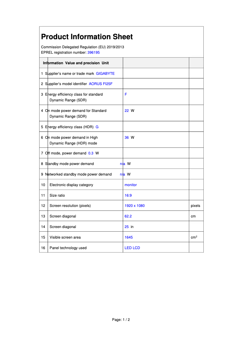 First page image of the manual for AORUS FI25F