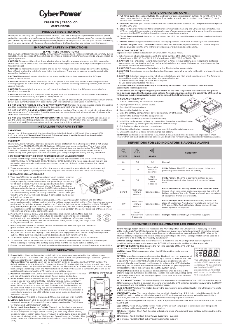 Page 1 of the manual User Manual CyberPower CP825LCD