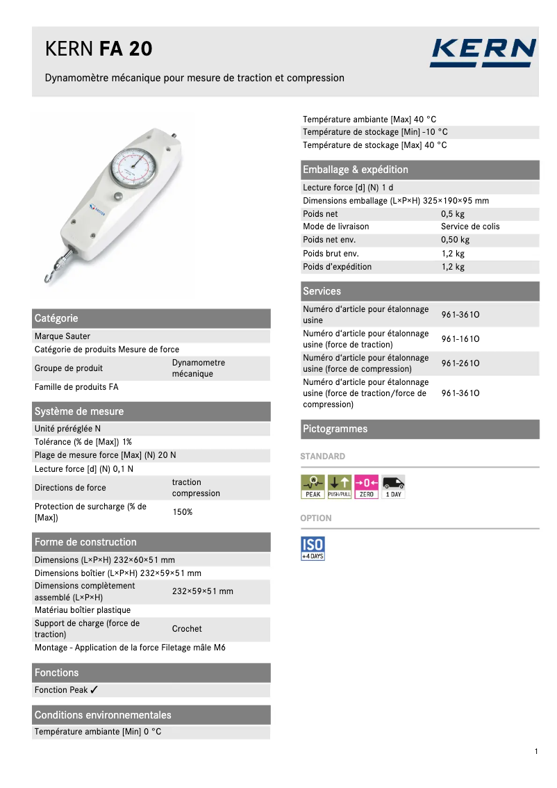 Page 1 of the manual Technical Sheet Kern FA 20