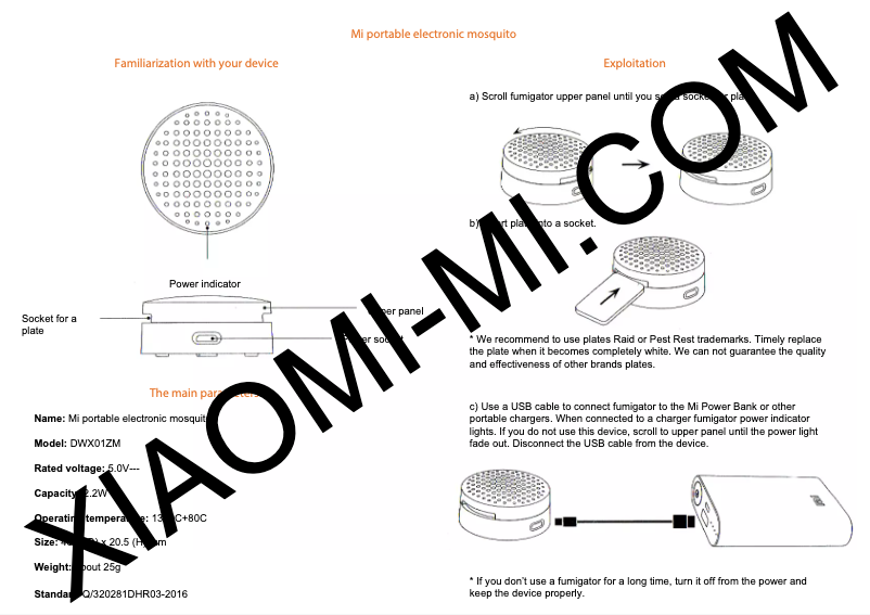 Page 1 of the manual User Manual Xiaomi Mi Portable Electronic Mosquito Repeller