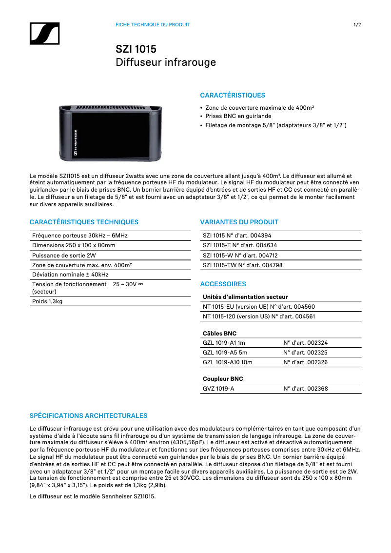 Page 1 of the manual Technical Sheet Sennheiser SZI 1015