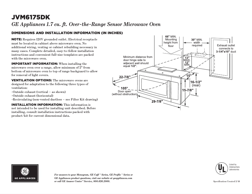 Page 1 of the manual Technical Sheet GE JVM6175DKWW