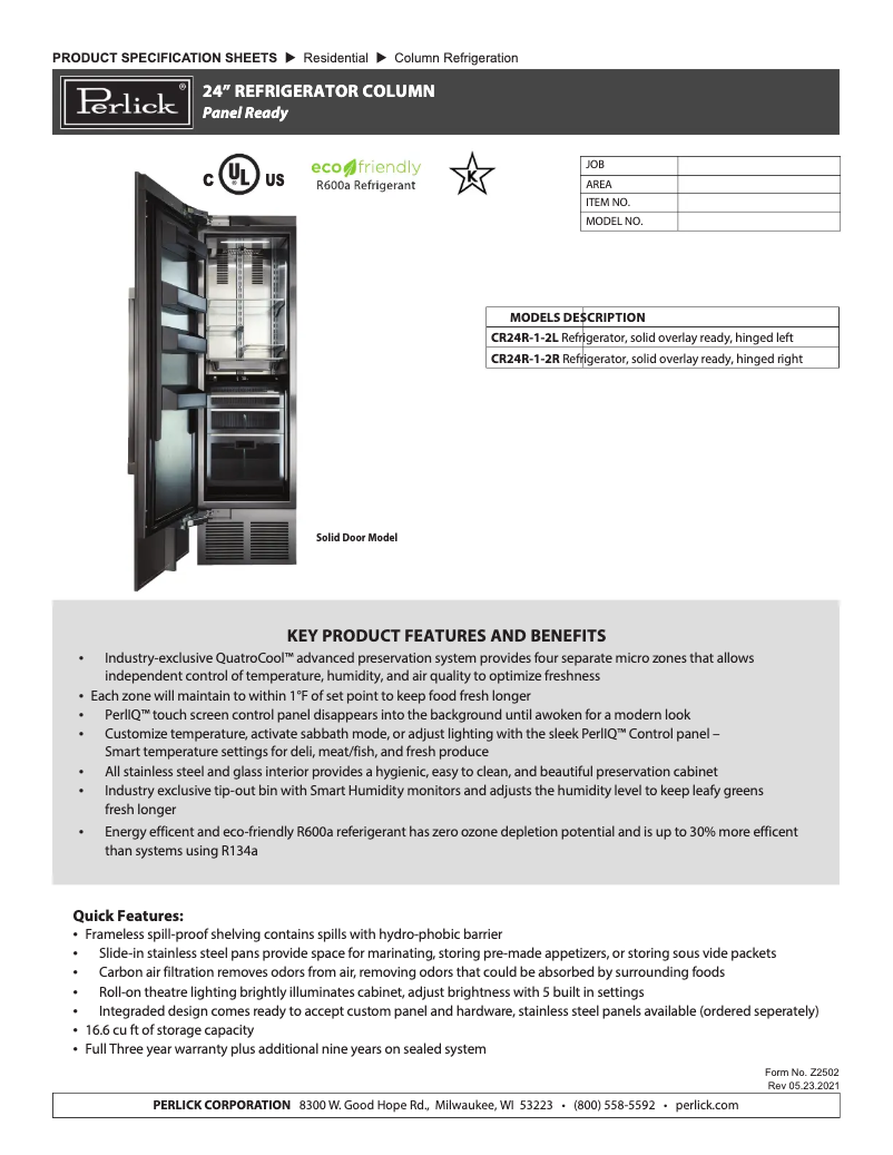 Page 1 of the manual Technical Sheet Perlick CR24R-1-2L