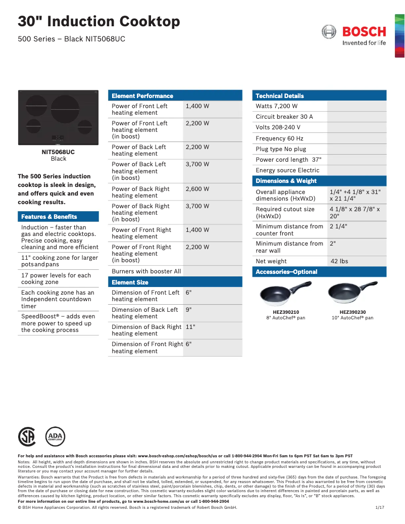 Page 1 of the manual Technical Sheet Bosch NIT5068UC