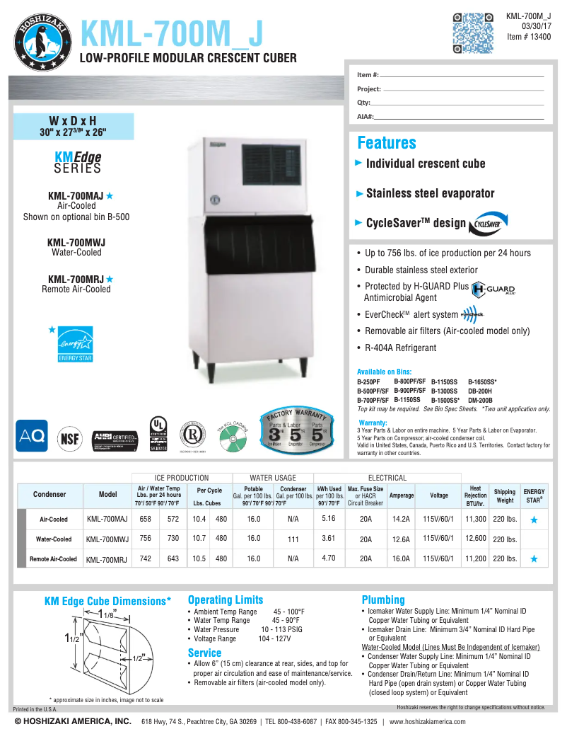 Page 1 of the manual Technical Sheet Hoshizaki KML-700MWJ