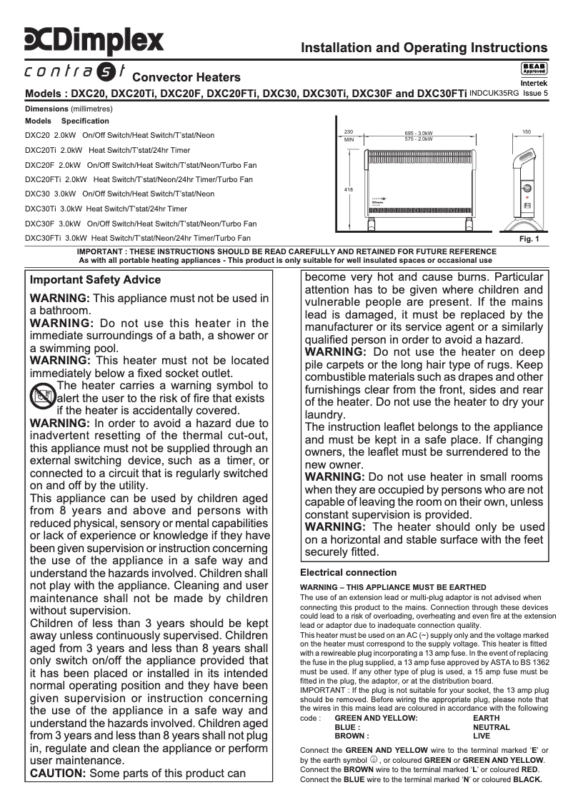 Page 1 of the manual User Manual Dimplex DXC30