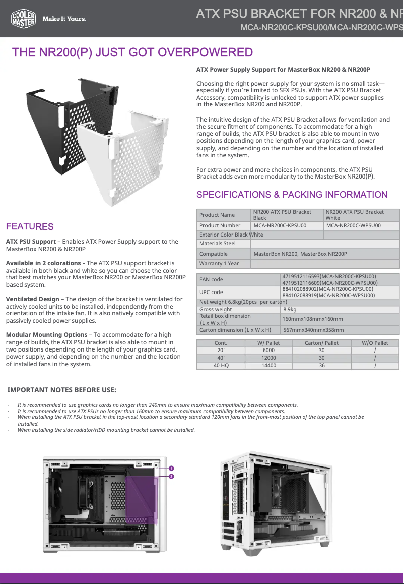 First page image of the manual for NR200 ATX PSU Bracket