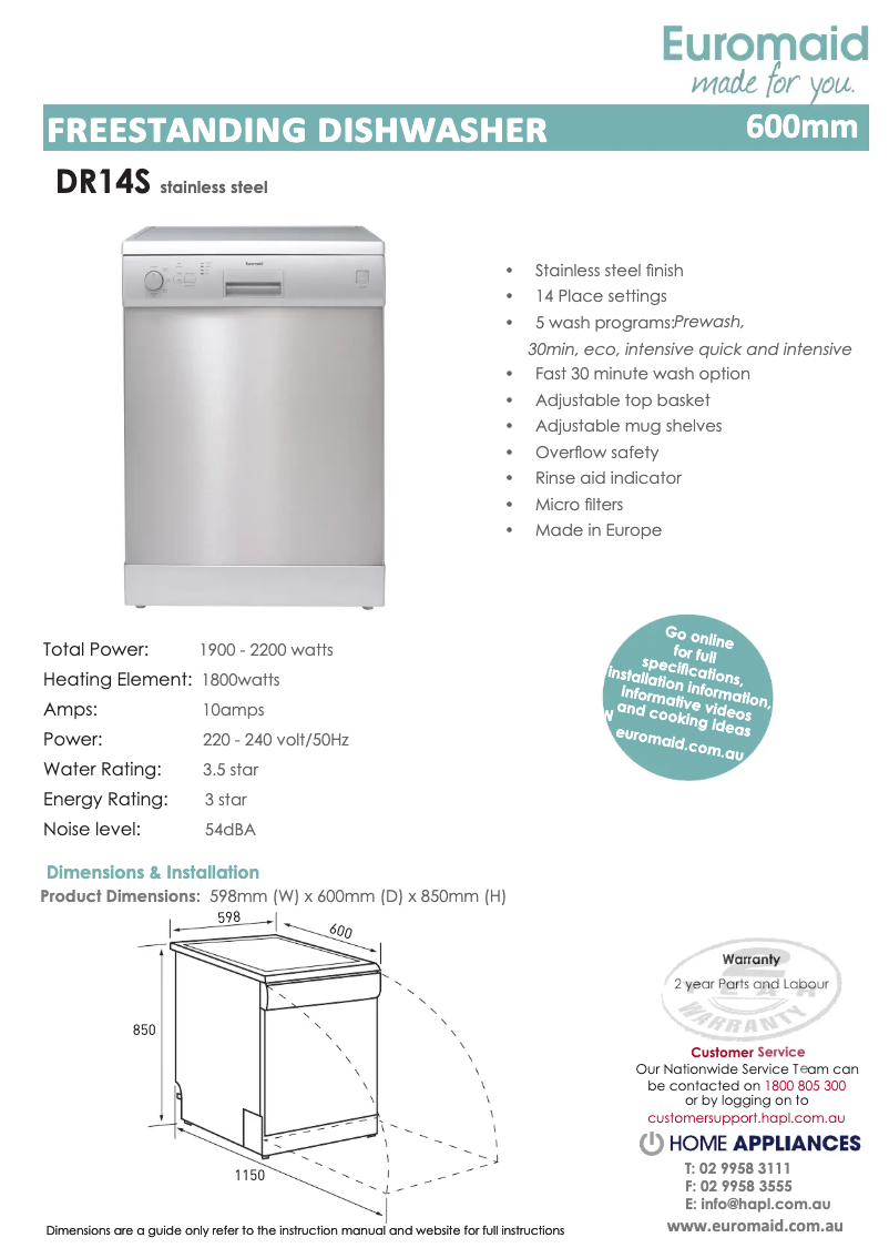 Page 1 of the manual Technical Sheet Euromaid DR14S