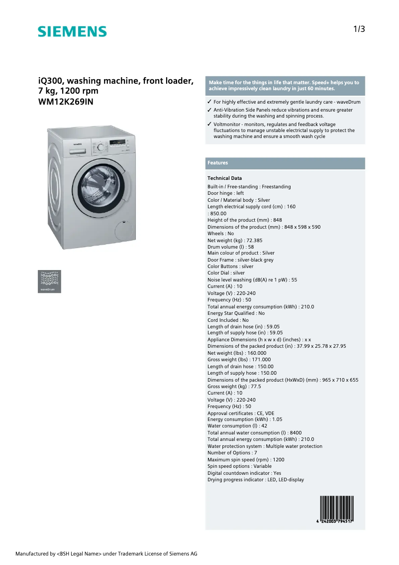 Page 1 of the manual Technical Sheet Siemens WM12K269IN
