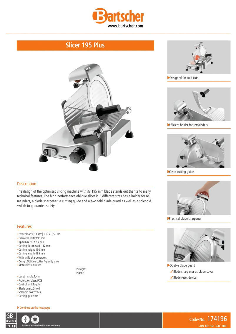 Page 1 of the manual Technical Sheet Bartscher 174196