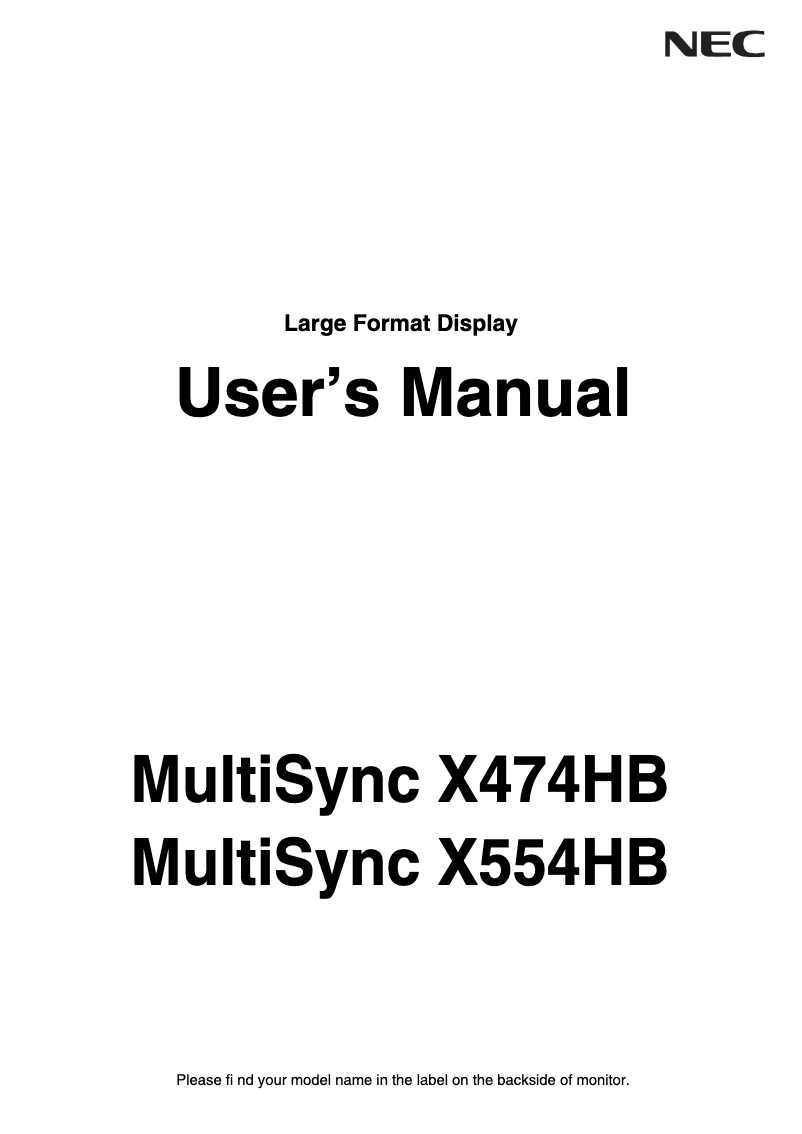 First page image of the manual for MultiSync X474HB