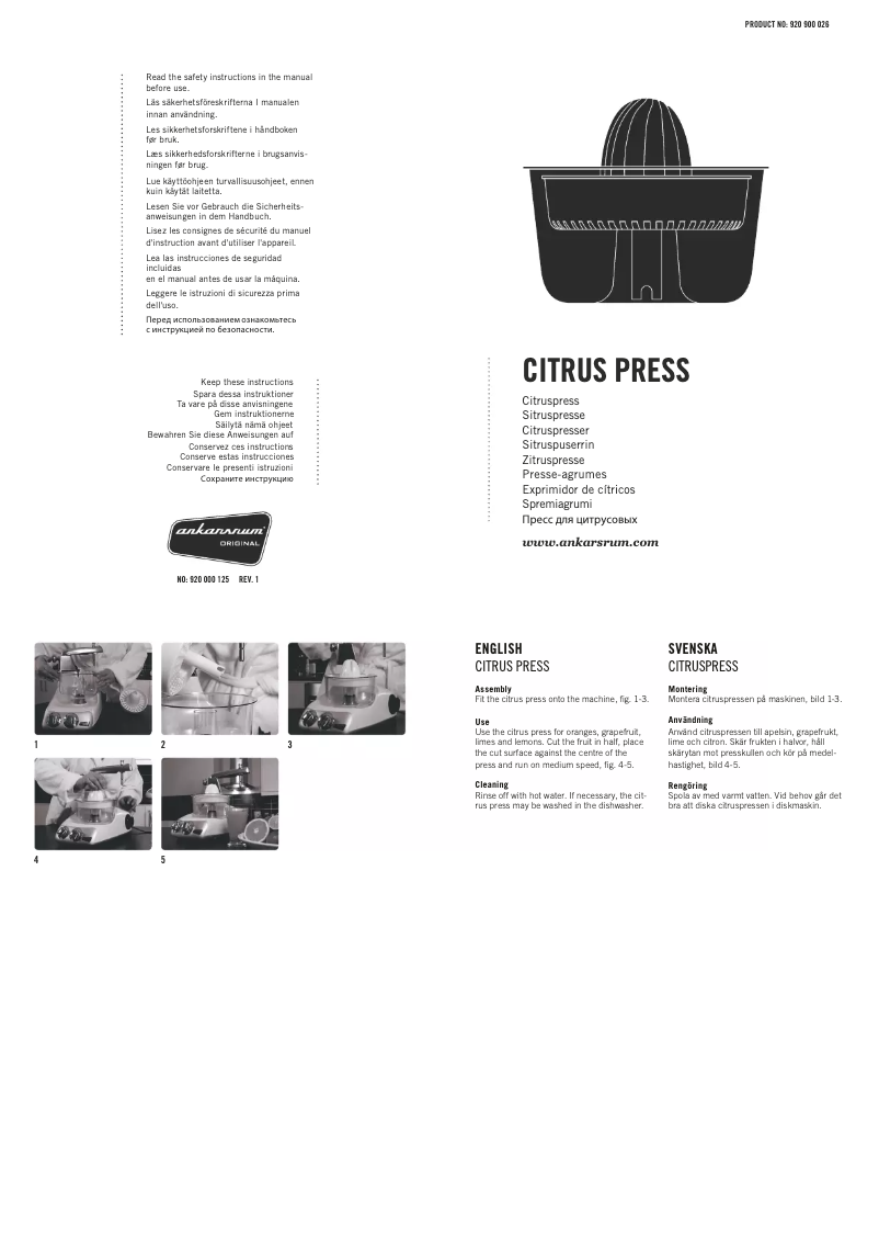 Page 1 of the manual User Manual Ankarsrum Citrus Press
