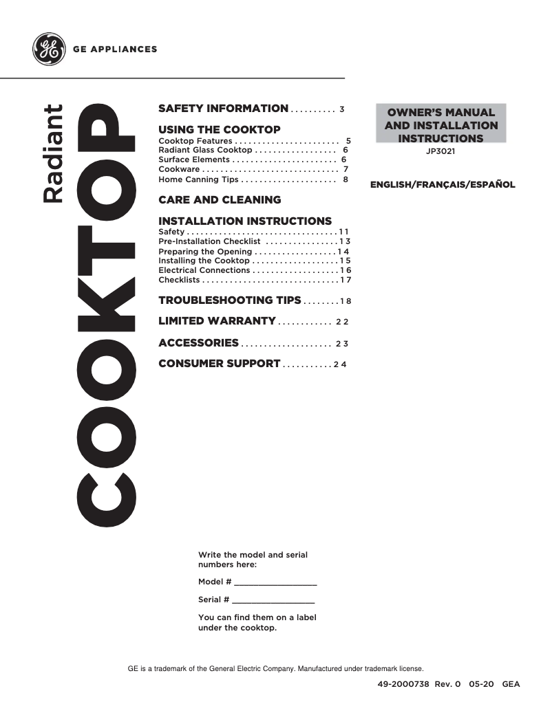 Page 1 of the manual Installation Guide GE JP3021DPBB