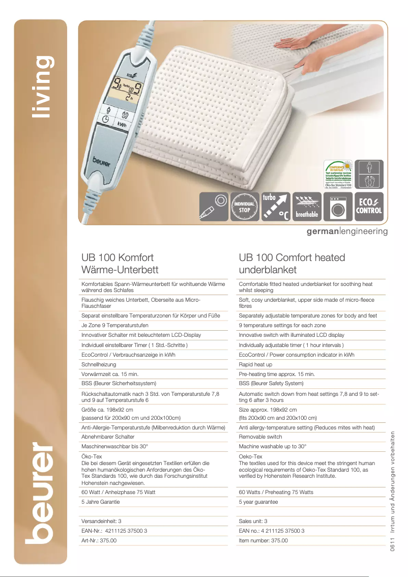 First page image of the manual for UB 100 Cosy