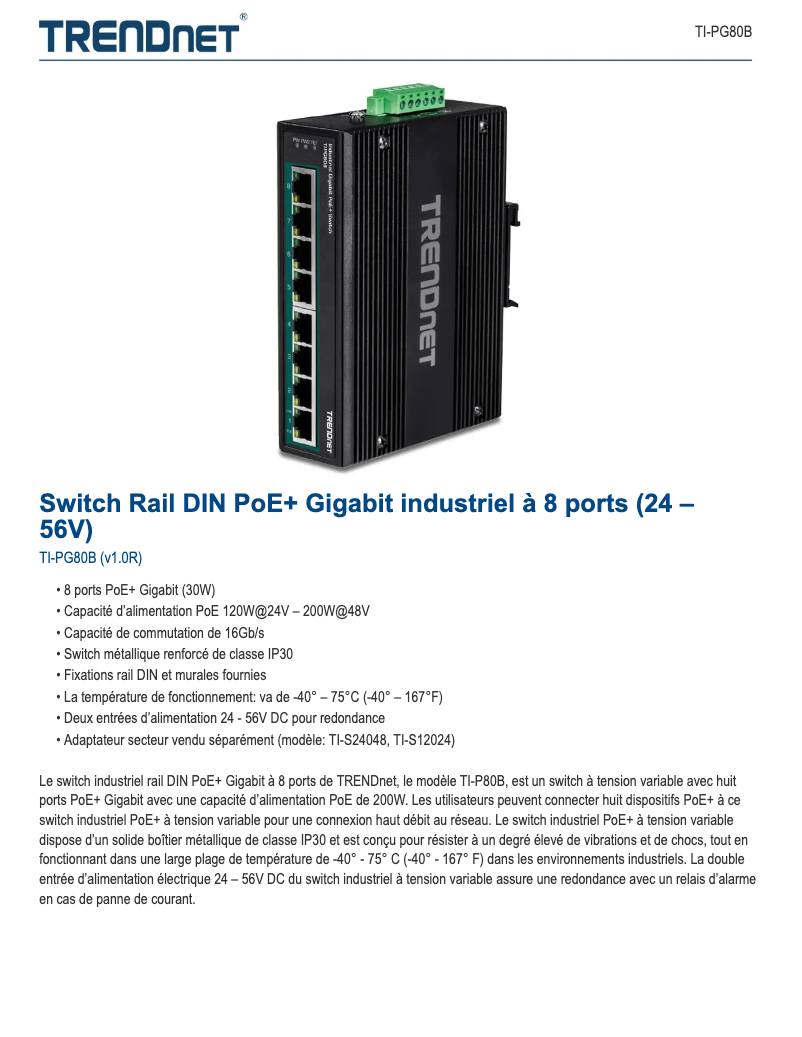 Page 1 de la notice Fiche technique TRENDnet TI-PG80B