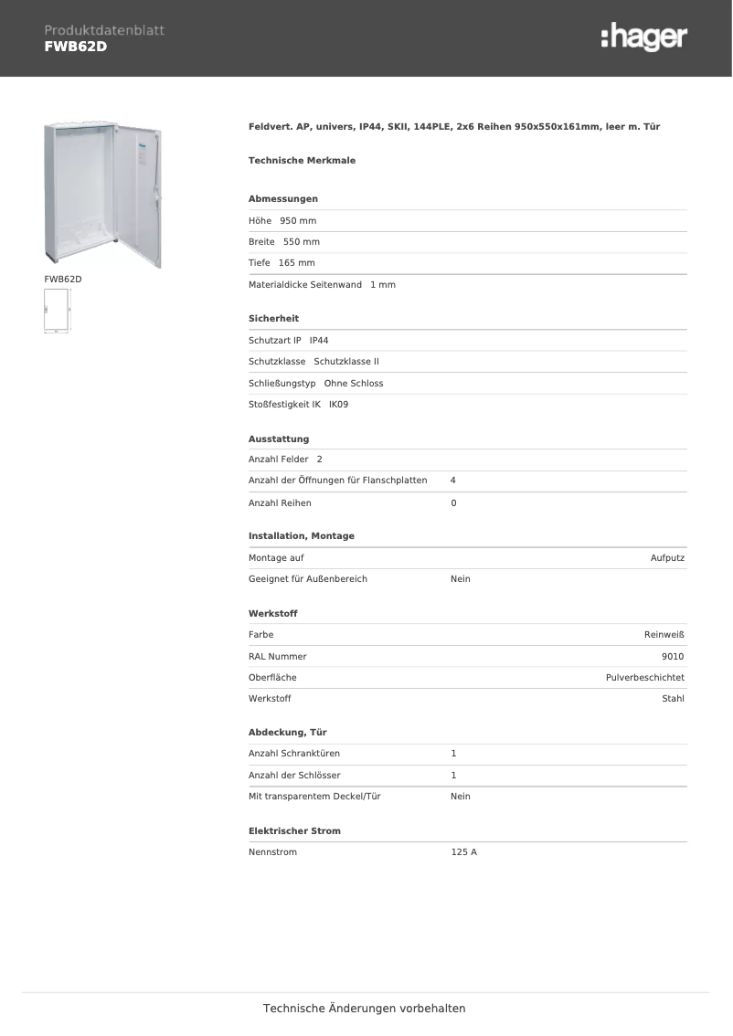 Page 1 of the manual Technical Sheet Hager FWB62D