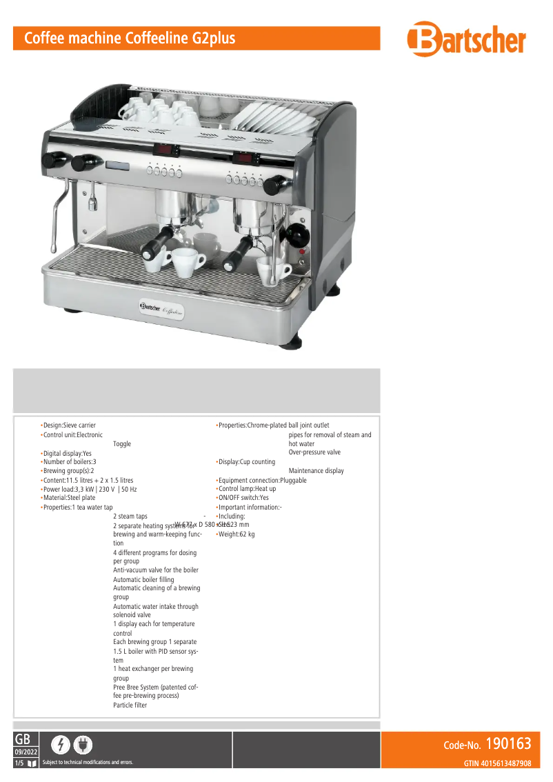 Page 1 of the manual Technical Sheet Bartscher Coffeeline G2 Plus