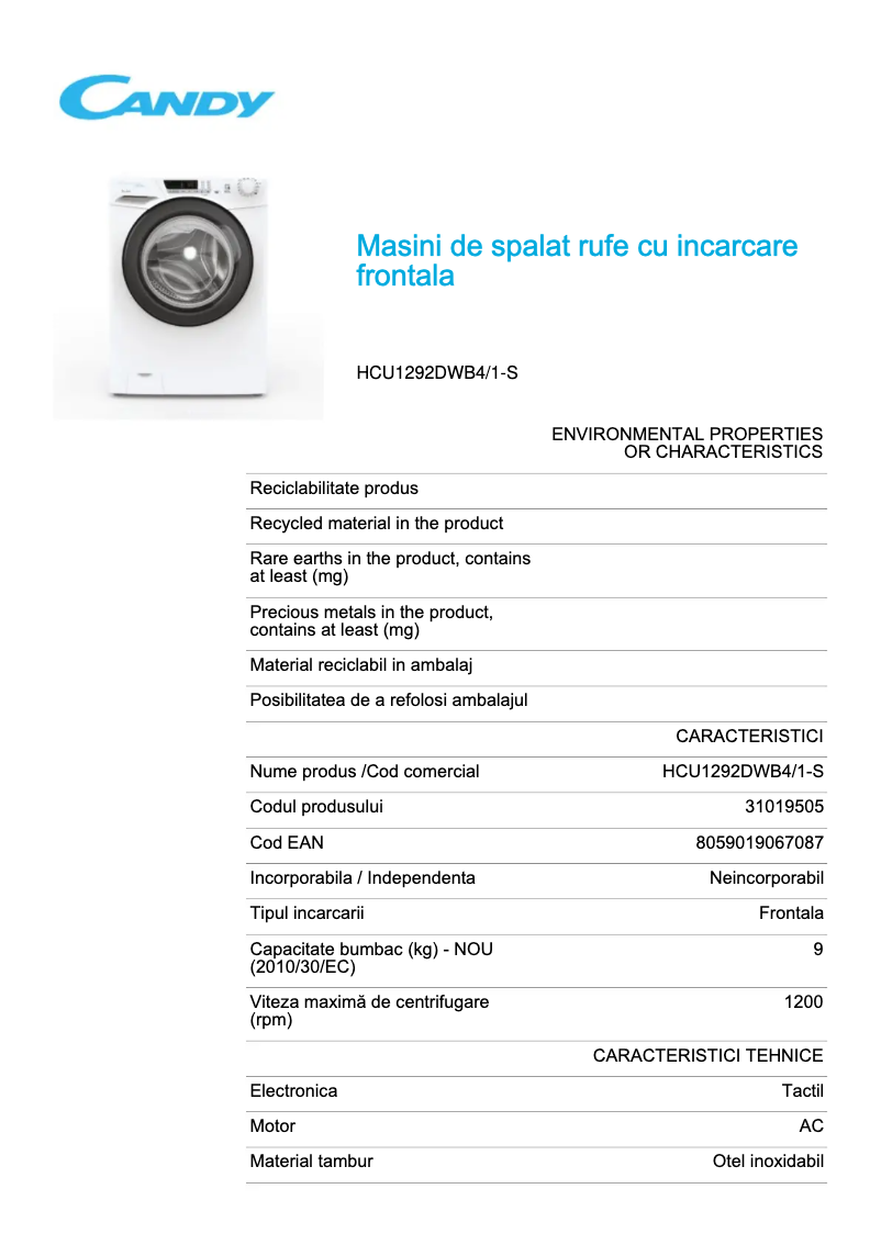 First page image of the manual for HCU1292DWB4/1-S