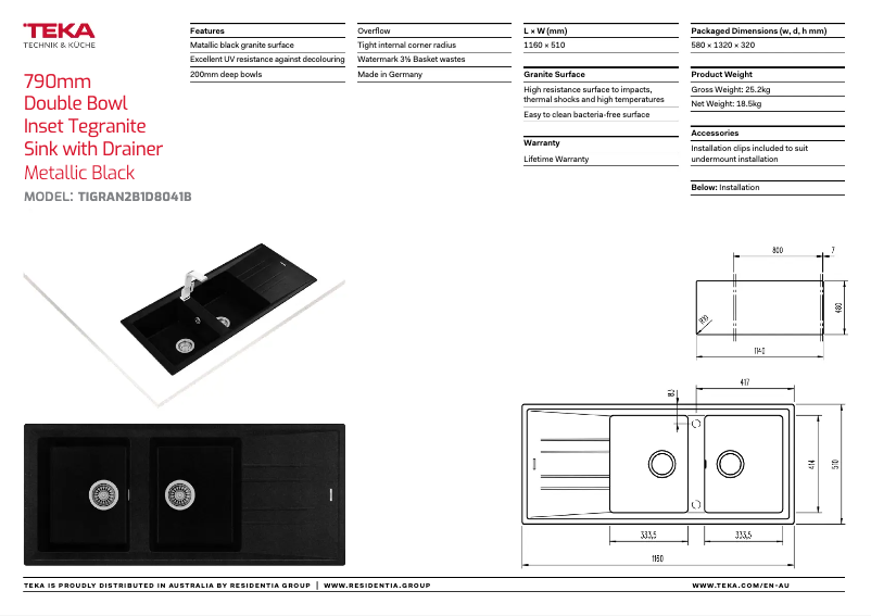 Page 1 of the manual Technical Sheet Teka TIGRAN2B1D8041B