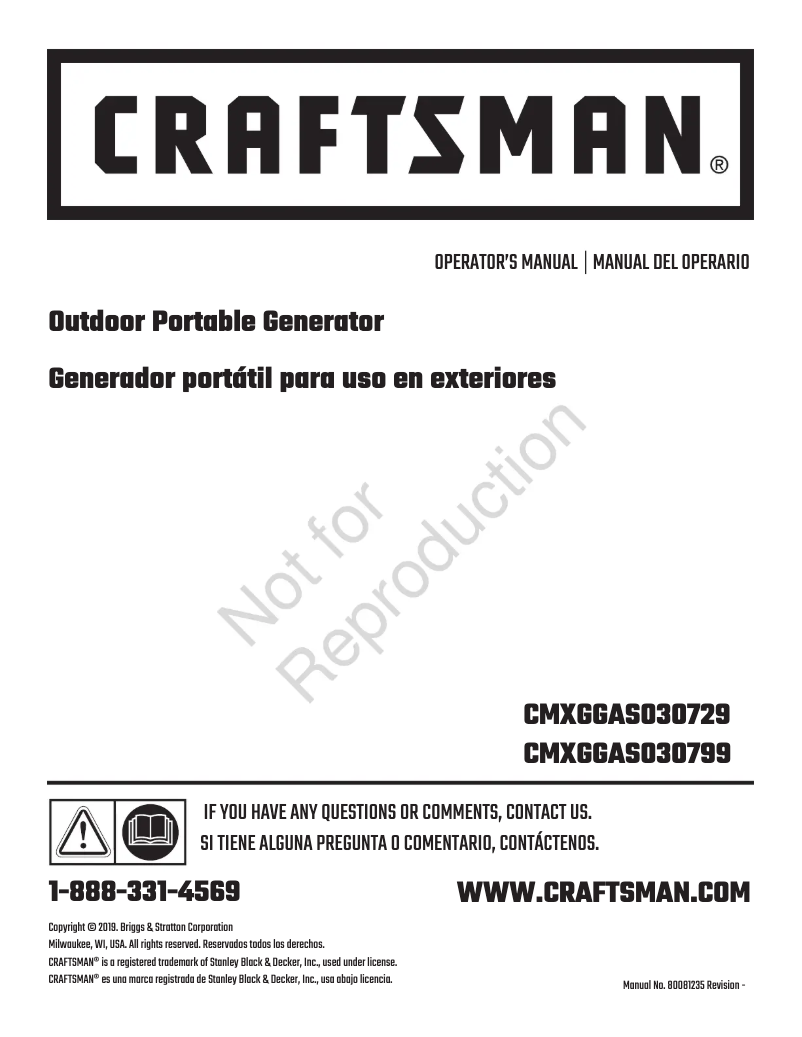 Page 1 of the manual User Manual Craftsman CMXGGAS030799