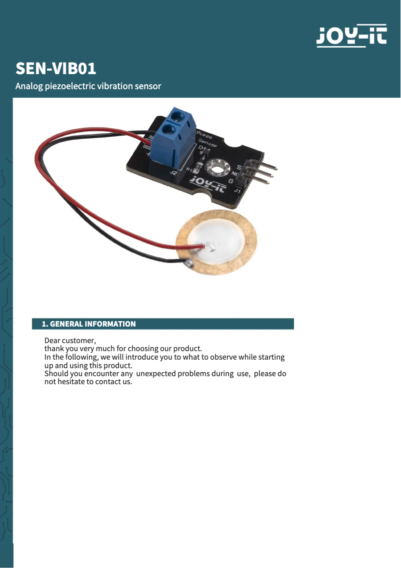 Page 1 de la notice Manuel utilisateur Joy-It SEN-VIB01