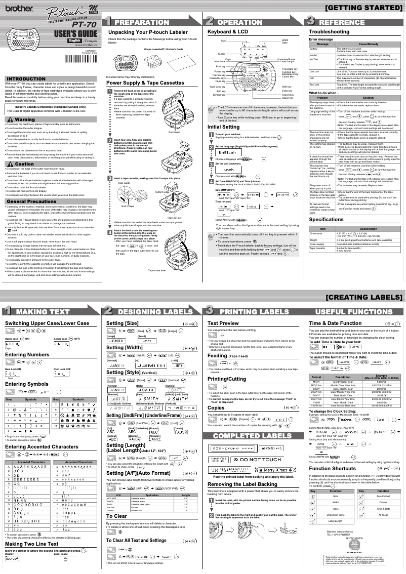 First page image of the manual for P-touch PT-70SR
