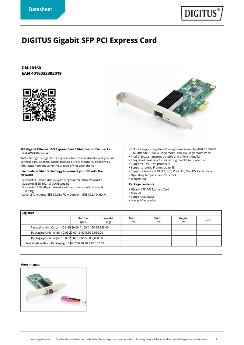 Page 1 of the manual Technical Sheet Digitus DN-10160