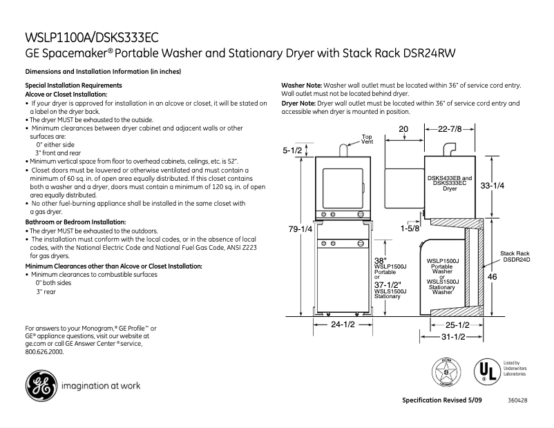 Page 1 of the manual Technical Sheet GE WSLP1100AAA