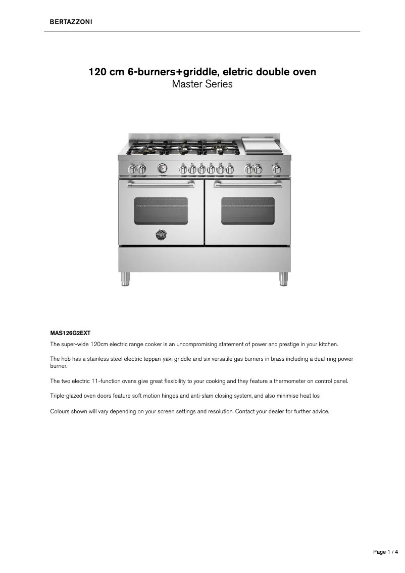 Page 1 of the manual Technical Sheet Bertazzoni MAS126G2EXT