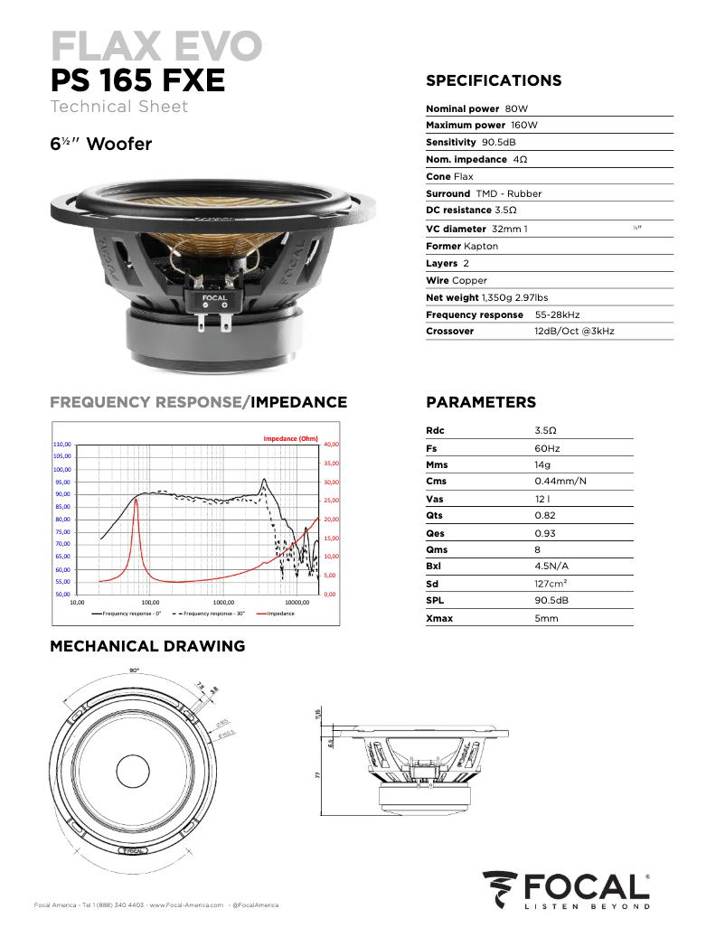 Page 1 of the manual Technical Sheet Focal Flax Evo PS 165 FXE