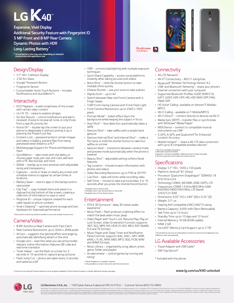 Page 1 of the manual Technical Sheet LG K40