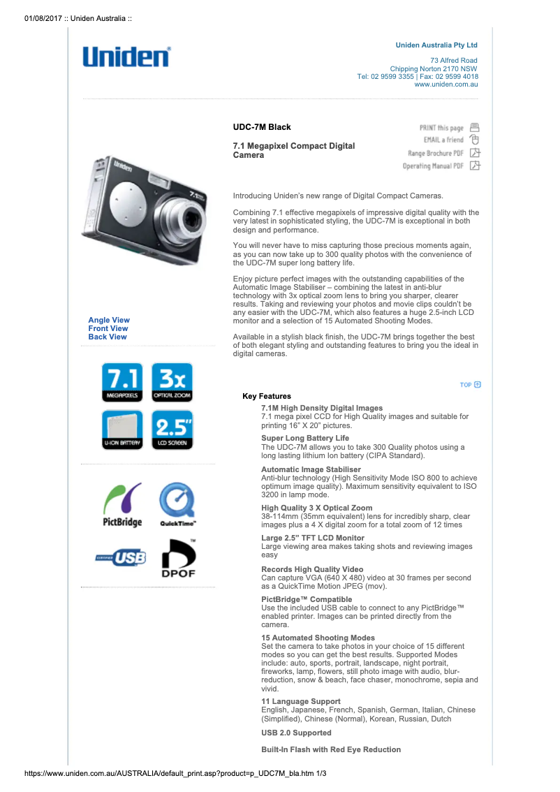 Page 1 of the manual User Manual Uniden UDC-7M Black