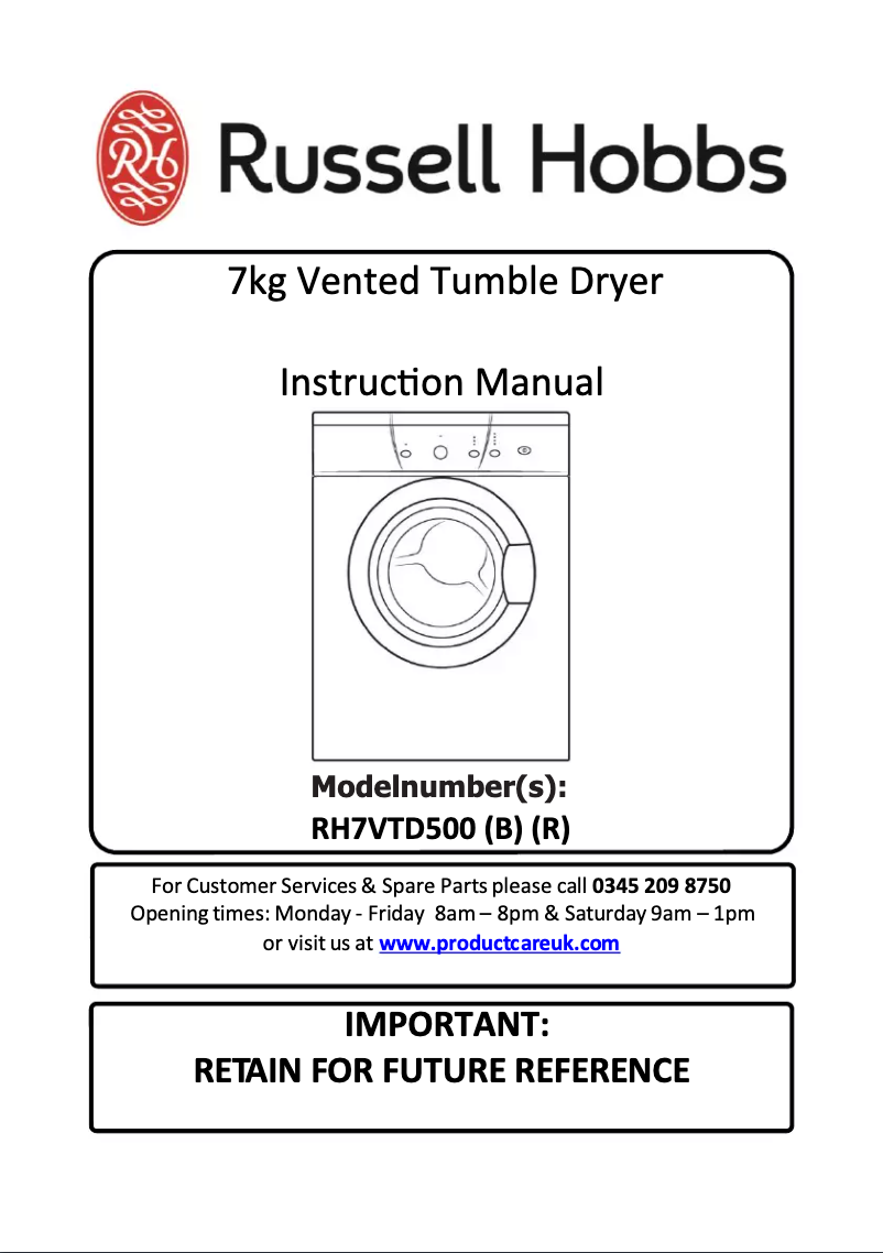 First page image of the manual for RH7VTD500
