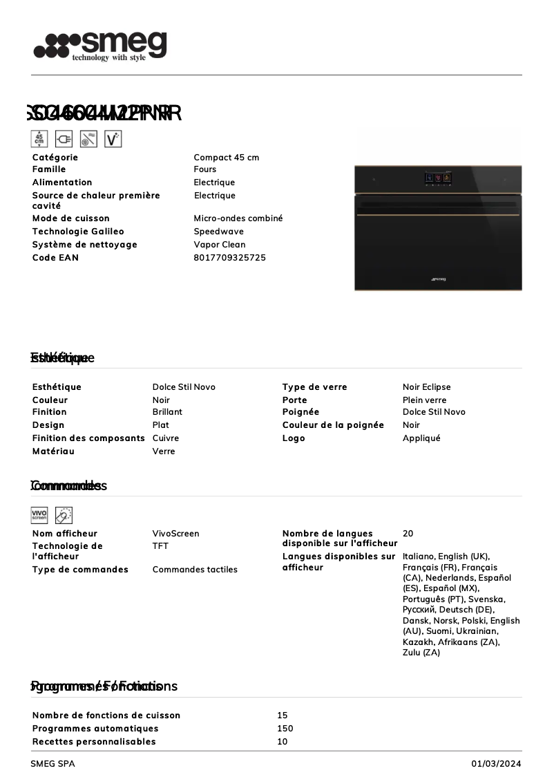 Page 1 of the manual Technical Sheet Smeg SO4604M2PNR