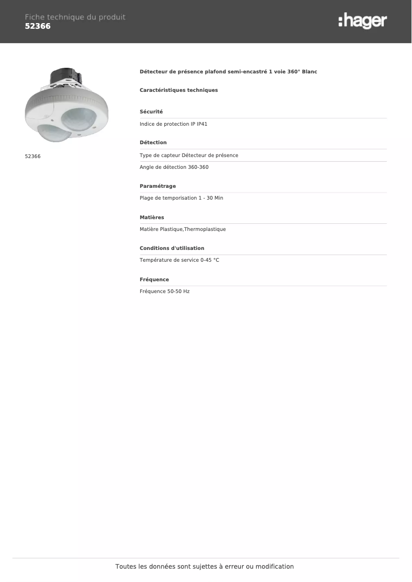Page 1 of the manual Technical Sheet Hager 52366
