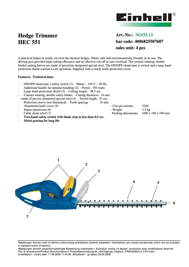 Page 1 of the manual User Manual Einhell Royal HEC 551